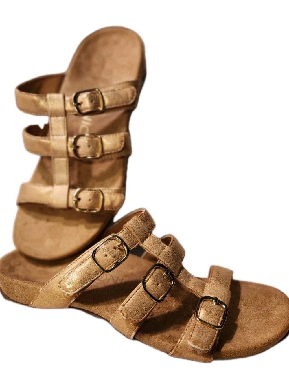Vionic Misa Rose Gold Triple Buckle Adjustable Slip On Sandals Size 7 Wide Chic